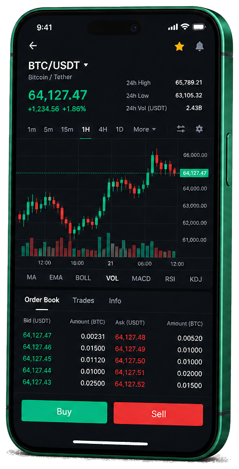 ZanéxaLôl trading platform on mobile — live BTC/USDT chart, order book, and buy/sell interface